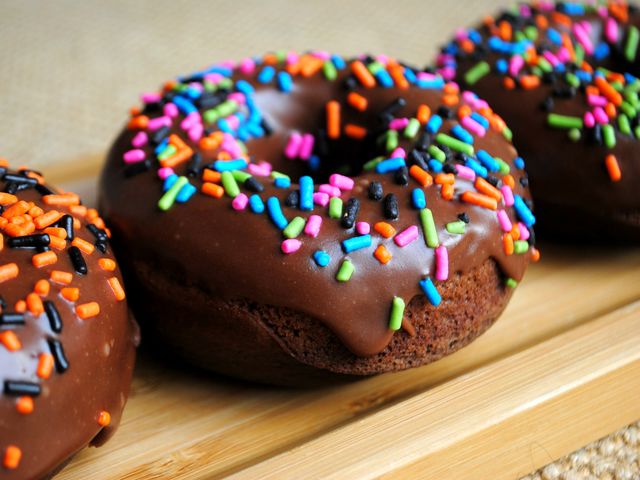 4. Chocolate doughnuts smothered in delectable chocolate glaze (and sprinkles!).