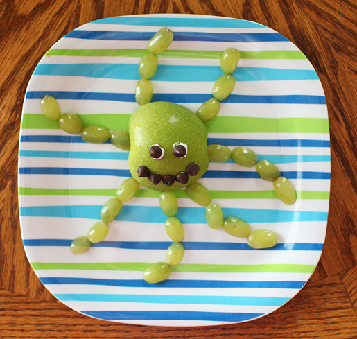 Apple + grapes cut in half = octopus.