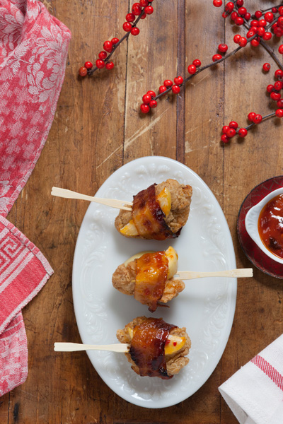 Bacon-Wrapped Chicken and Apple Skewers with Mango Chutney