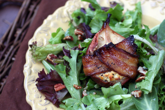 Roasted Pears Wrapped in Bacon and Filled with Goat Cheese