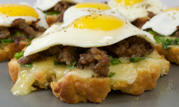 Open-Faced Fried Egg and Sausage Sandwich