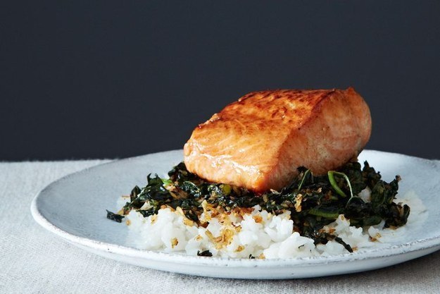 Crispy Coconut Kale with Roasted Salmon and Coconut Rice