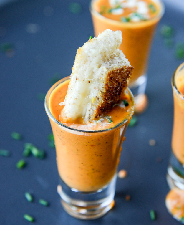 Creamy Tomato Soup Shooters with Grilled Cheese Sticks