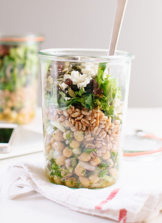 Mason Jar Chickpea, Farro, And Greens Salad