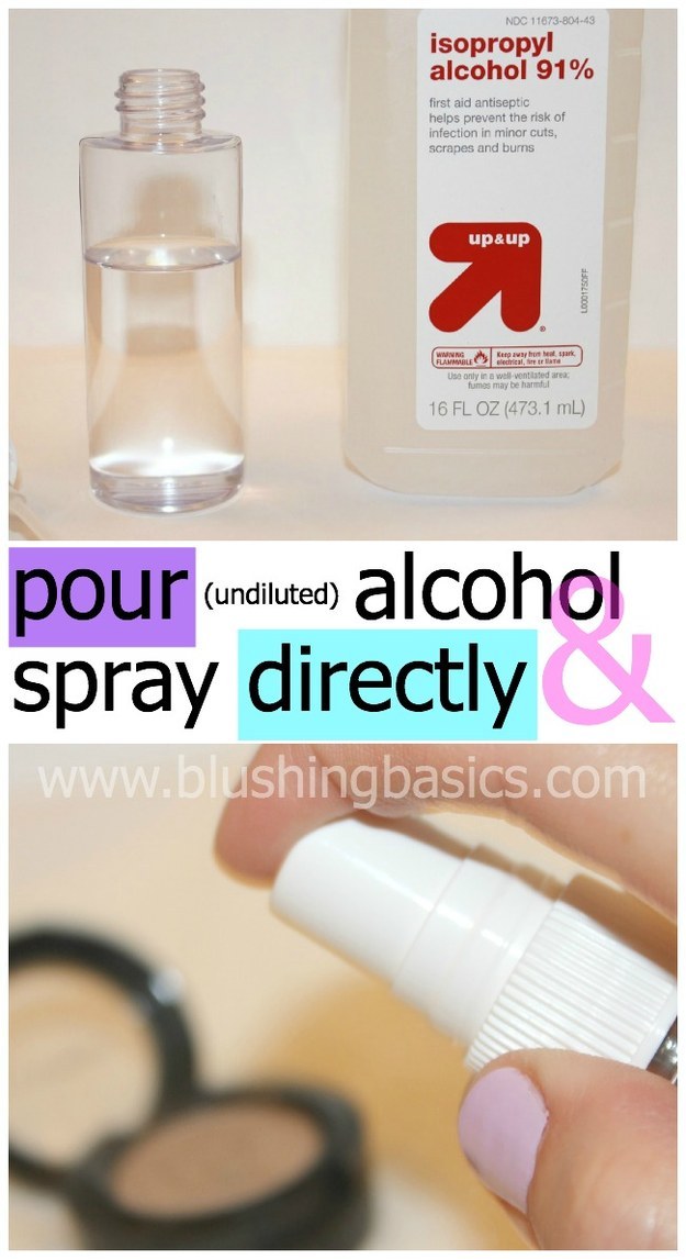 Pour alcohol into a small spray bottle, then spritz any pressed powder cosmetics you have to disinfect them.