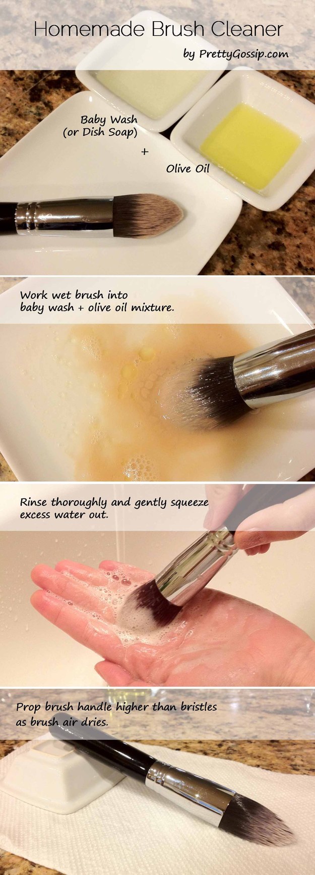 Swirl your makeup brushes in a DIY mixture of dish soap and olive oil for a like-new feel.