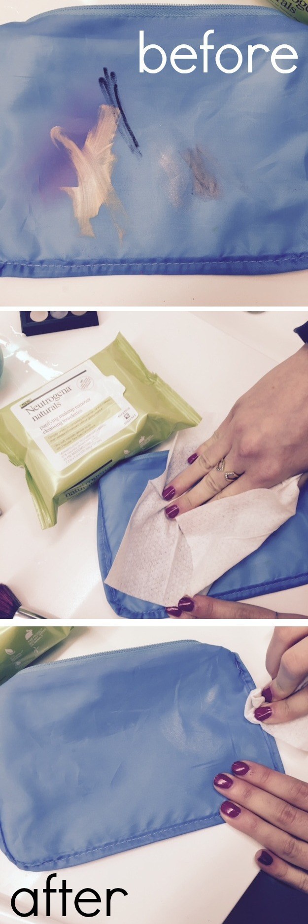 Empty out your makeup bag, flip it inside out, and use makeup remover wipes to clean the inside.