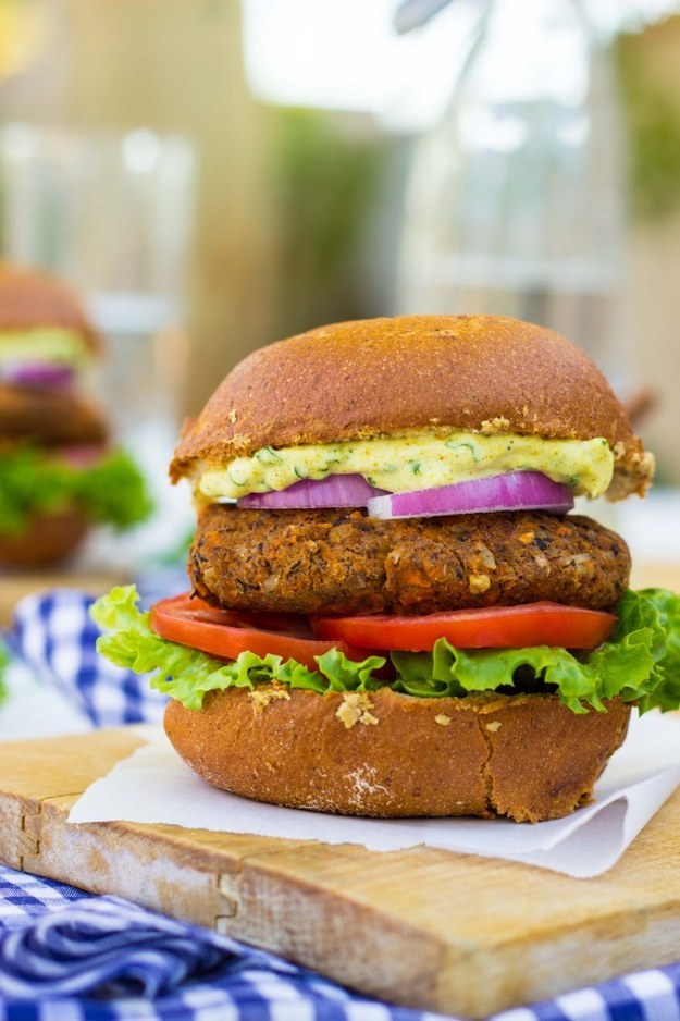 Smoky Sweet Potato & Black Bean Burgers with Curry Cilantro Mayo
