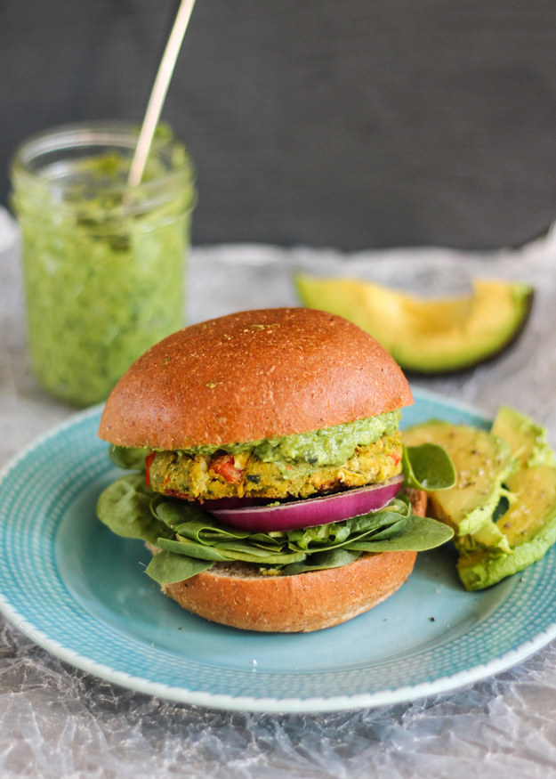 Garlic & Basil Chickpea Burgers with Creamy Avocado Pesto