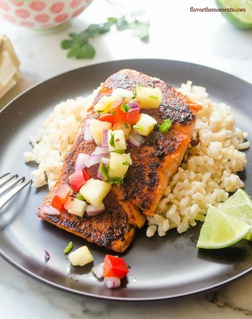 Blackened Salmon with Pineapple Salsa and Coconut Rice