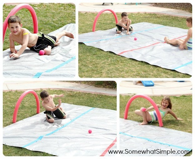 Transform pool noodles and a tarp into a backyard hockey rink.