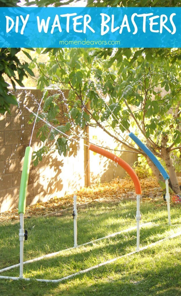 Rig up this awesome series of water blasters using hoses, pipes, and pool noodles.