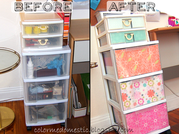 Pick up cute wrapping paper and revamp your plastic storage bins.