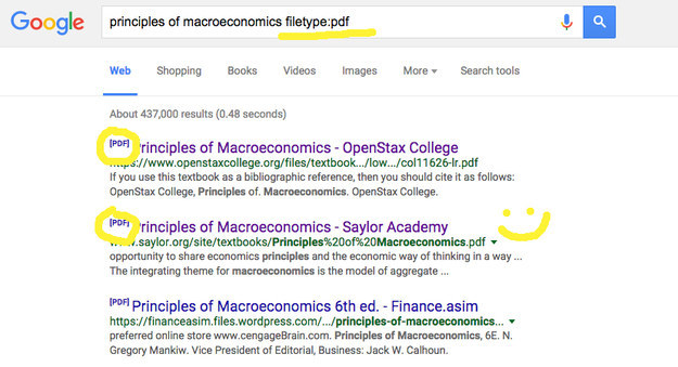 Forgot your textbook at home? Google the name of the textbook + "filetype:pdf" and you might find it online.