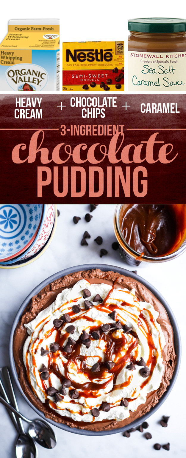 Heavy Cream + Chocolate Chips + Caramel = Chocolate Pudding with Whipped Cream and Caramel Sauce