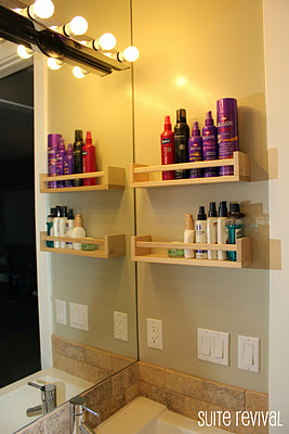 2. Hang spice racks to organize your hair products and lotions.